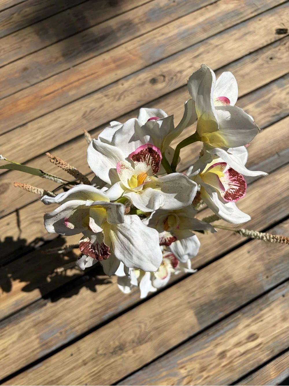 White Orchid Artificial Arrangement in Glass Vase with River Rocks